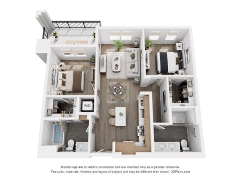 Floor plan for 2 beds, 2 baths, 1030 sqft